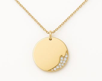 14K/18K Gold Diamond Disc Necklace – Dainty Circle Pendant, Micro-Pavé , Minimalist Solid Gold Chain