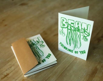 Bean Thinking of You Card, Green Screenprint, Hand Printed