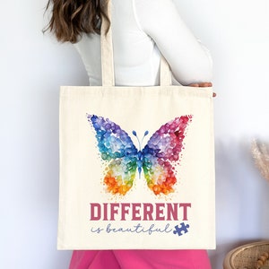 Canvas draagtas autisme bewustzijn, Different is Beautiful katoenen canvas draagtas, Autism Mom Advocate Supporter Gift, leraar speciaal onderwijs