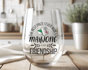 Mahjong Friendship Wine Tumbler, Best Prize Ever, Mah Jong Friends Stemless Wine Glass, Mahjongg Group Keepsake Glass, Mahjong Hostess Gift