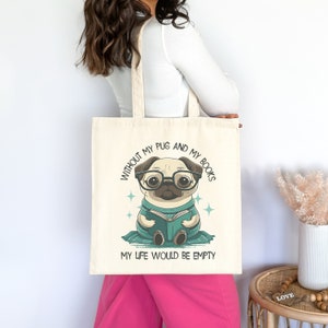 Pug and Book Canvas Tote Bag, Reading Pug Bookbag, Literary Tote for Dog Lovers, Pug Mom Tote Bag Gift, Canvas Tote Gift for New Pet Owners