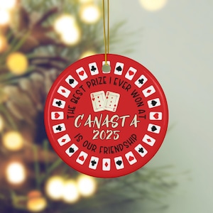 Enfeite de Natal da amizade do jogador Canasta, enfeite de lembrança de Natal do parceiro Canasta, enfeite de Natal redondo vermelho para o jogo Canasta