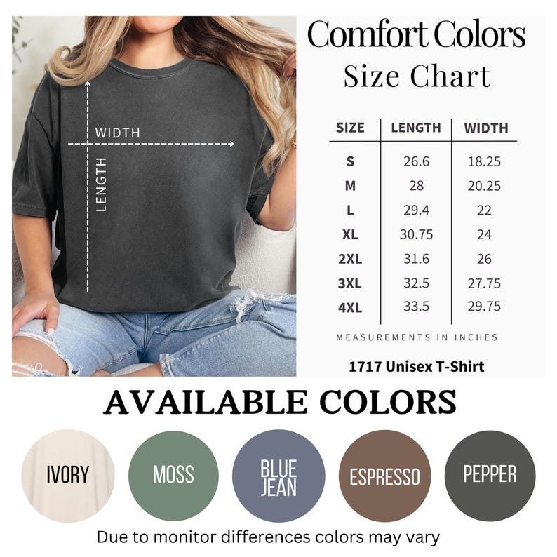 K&ouml;nnte beinhalten: Ein dunkelgraues Unisex-T-Shirt mit Gr&ouml;&szlig;entabelle und Farbauswahl. Die Gr&ouml;&szlig;entabelle zeigt die Ma&szlig;e in Zoll f&uuml;r die Gr&ouml;&szlig;en S bis 4XL. Verf&uuml;gbare Farben sind Ivory, Moss, Blue Jean, Espresso und Pepper.