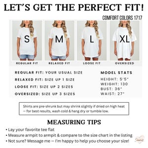 K&ouml;nnte beinhalten: Gr&ouml;&szlig;entabelle f&uuml;r T-Shirts mit Models in S, M, L und XL. Text: "Let's Get The Perfect Fit!" und "Comfort Colors 1717." Die Tabelle zeigt Gr&ouml;&szlig;en f&uuml;r Regular, Relaxed, Loose und Oversized, sowie Modelma&szlig;e: 165cm, 59kg, Brustumfang 91cm, Taille 69cm.