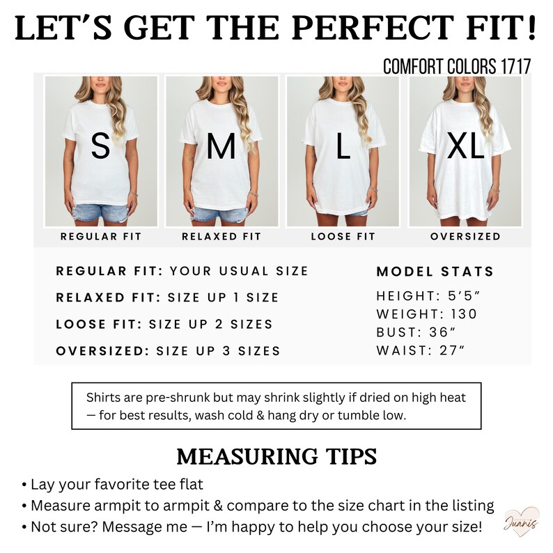 K&ouml;nnte beinhalten: Gr&ouml;&szlig;entabelle f&uuml;r T-Shirts mit Models in S, M, L und XL. Text: "Let's Get The Perfect Fit!" und "Comfort Colors 1717." Die Tabelle zeigt Gr&ouml;&szlig;en f&uuml;r Regular, Relaxed, Loose und Oversized, sowie Modelma&szlig;e: 165cm, 59kg, Brustumfang 91cm, Taille 69cm.