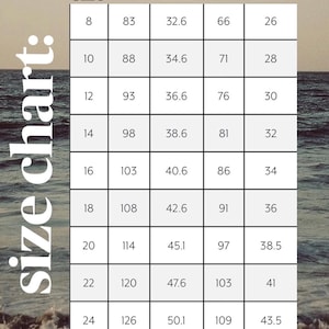 May include: A size chart table with columns for size, chest, and waist measurements in both centimeters and inches. The table lists sizes from 8 to 24 with corresponding measurements. The text 'size chart:' appears vertically on the left side.