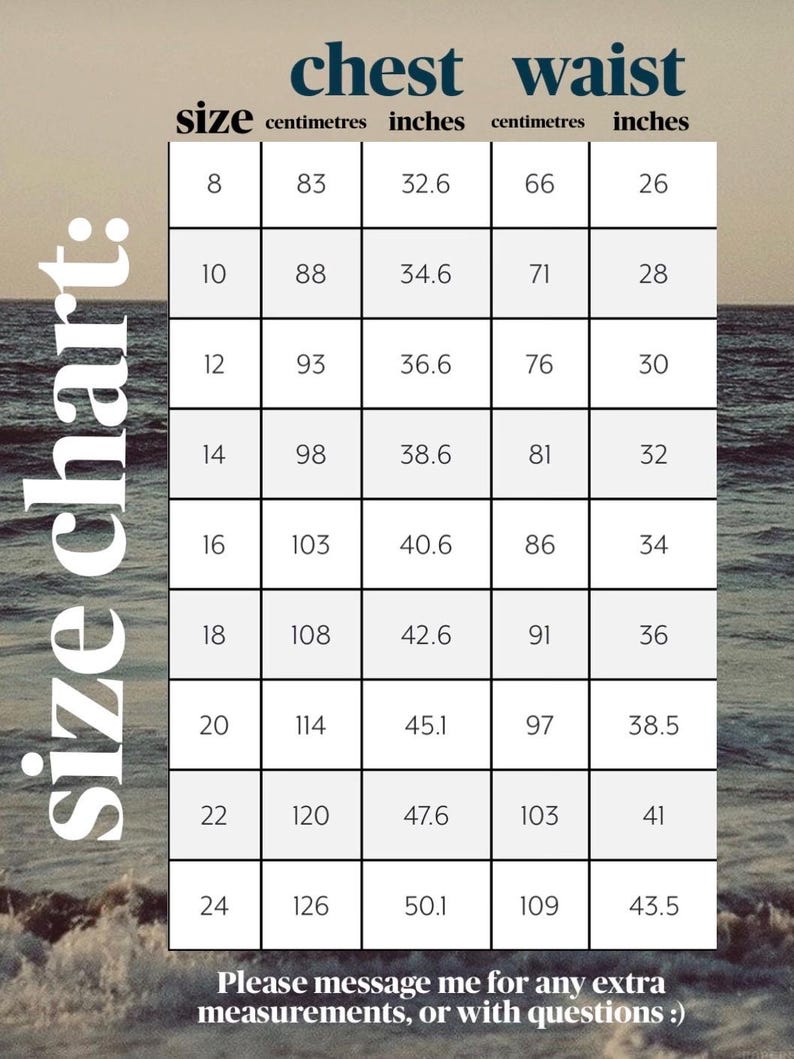May include: A size chart table with columns for size, chest, and waist measurements in both centimeters and inches. The table lists sizes from 8 to 24 with corresponding measurements. The text 'size chart:' appears vertically on the left side.