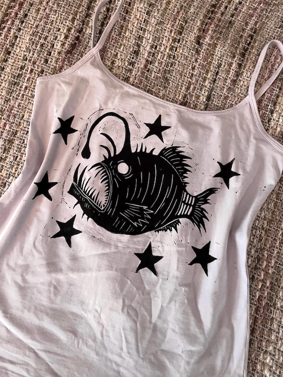 Angler Fish Linoprint Cami Top - Oceancore Gothic Tank Top, Handmade Alternative Art