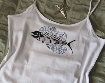 Lino Print Fish Skeleton Cami Top - Oceancore Mermaidcore Tank Top, Handmade Alternative Art