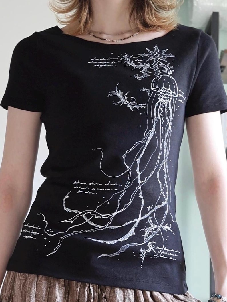 Hand-painted Jellyfish Cybersigilism Short Sleeve Top - Oceancore Mermaidcore Shirt, Handmade Alternative Art image 6