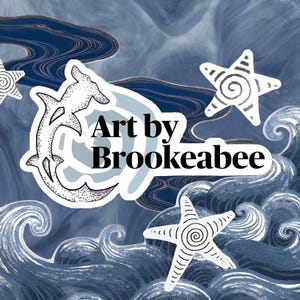 May include: A graphic design featuring the text Art by Brookeebee in black font, centred within a white border. The image includes a stylised hammerhead shark, three white starfish with spiral patterns, and a dark blue swirling ocean wave background.