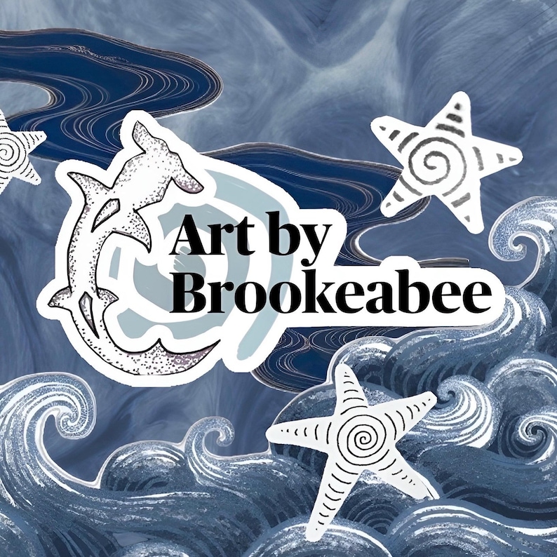 May include: A graphic design featuring the text Art by Brookeebee in black font, centred within a white border. The image includes a stylised hammerhead shark, three white starfish with spiral patterns, and a dark blue swirling ocean wave background.