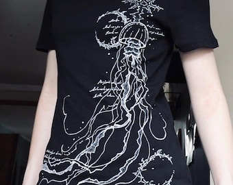 Hand-painted Jellyfish Cybersigilism Short Sleeve Top - Oceancore Mermaidcore Shirt, Handmade Alternative Art