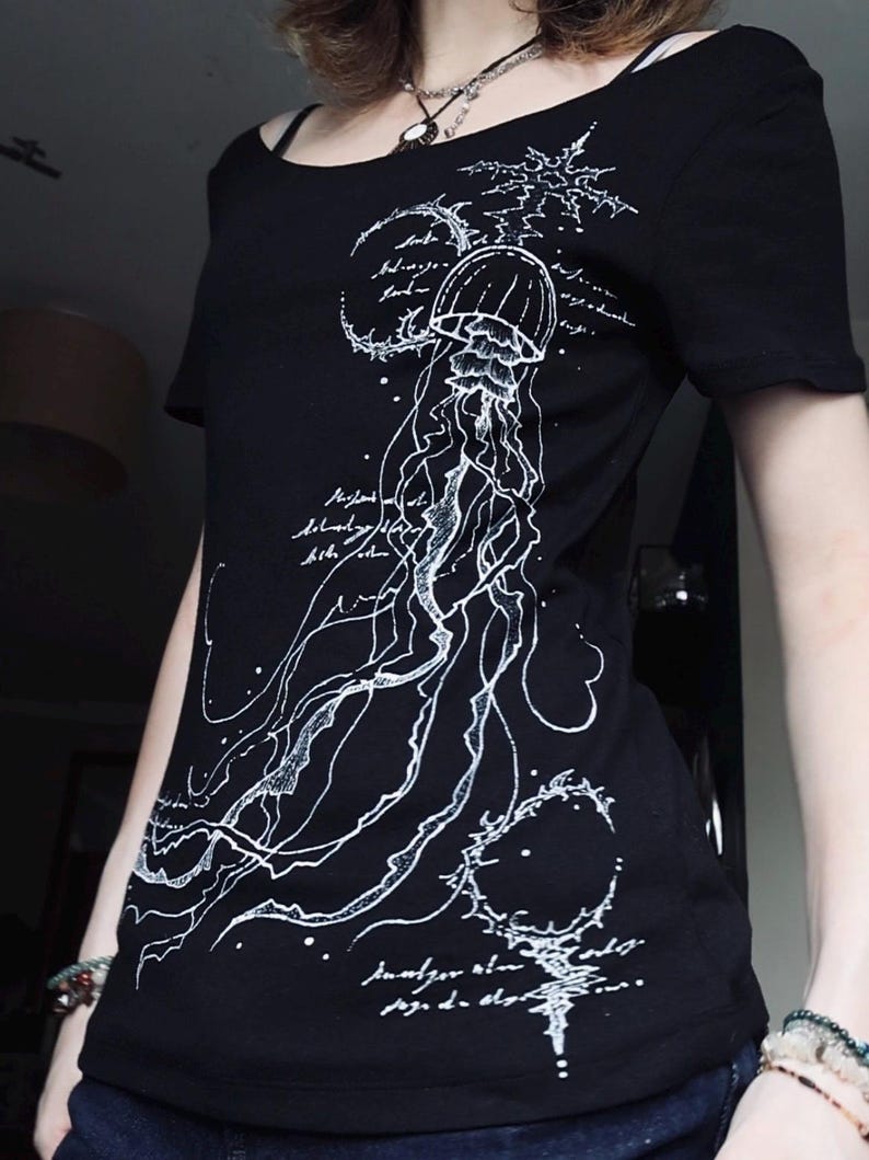 Hand-painted Jellyfish Cybersigilism Short Sleeve Top - Oceancore Mermaidcore Shirt, Handmade Alternative Art image 2