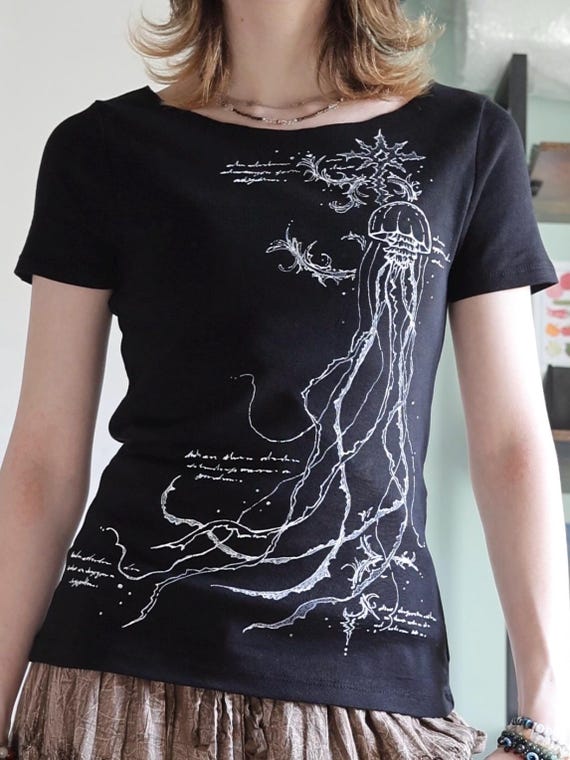 Hand-painted Jellyfish Cybersigilism Short Sleeve Top - Oceancore Mermaidcore Shirt, Handmade Alternative Art