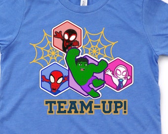 ¡En equipo! / Spidey y sus increíbles amigos / Camisas personalizadas / Spiderman / Miles Morales / Ghost Spider / Gwen Stacey / Hulk / Spidey Shirt