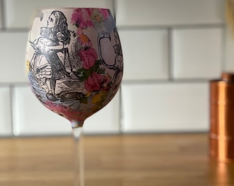 Alice in Wonderland Decoupage Wine Glass, Handmade Balloon Style