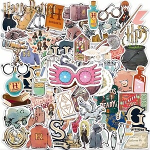 May include: A selection of vibrant stickers with diverse designs and text. The stickers showcase images of books, glasses, a cauldron, and the text "Hogwarts", "History of Magic", and "Platform 9 3/4".