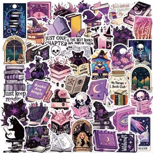 May include: A selection of stickers with a witchy and book-themed design. The stickers depict books, witch hats, moons, skulls, cats, and potion bottles in purple, pink, and black. Some stickers include text such as "Books Are Magic" and "Just One Chapter".