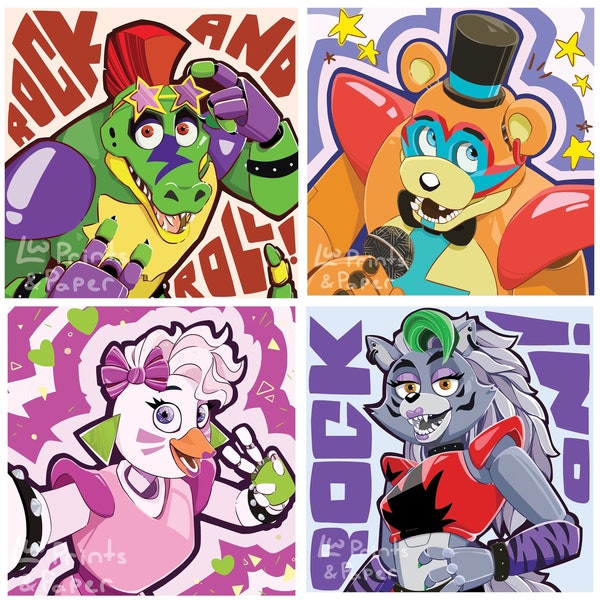 FNAF Security Breach | Glamrock Chica, Glamrock Freddy, Montgomery Gator, or Roxanne Wolf | Five Nights at Freddy's 12x12 inch Poster