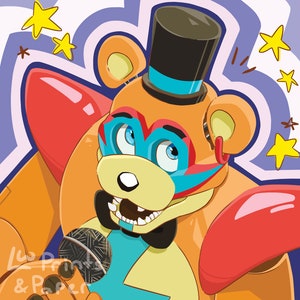May include: A cartoon bear wearing a blue and white top hat, a blue bow tie, and a blue and red mask. The bear is holding a microphone and has a bright orange and red body. The background is a purple and blue swirl with yellow stars.