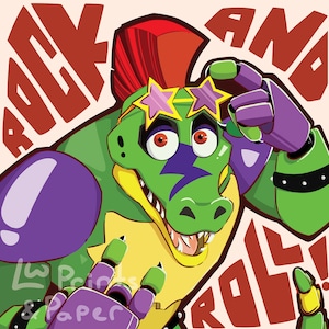 May include: A green cartoon alligator wearing sunglasses and a yellow and purple outfit with a lightning bolt design. The alligator is making a rock and roll hand gesture. The text "ROCK AND ROLL!" is written in red and yellow on the background.