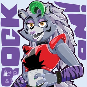May include: A cartoon illustration of a gray wolf with green hair wearing a red and black outfit. The wolf has a purple nose and a pink mouth. The text "Rock n' Roll" is in the background.