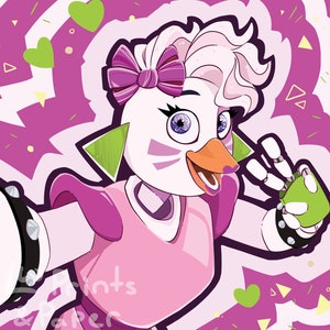 May include: A cartoon illustration of a white and pink bird with a purple bow in its hair. The bird is wearing a pink and purple dress and has green and white robotic arms. The background is a pink and purple swirl with green hearts.
