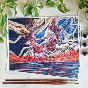 May include: A colorful abstract painting with a red, white, and blue color scheme. The painting features a large, swirling tree-like form with branches that extend out to the edges of the canvas. The painting is signed "Seonat" in the bottom right corner.