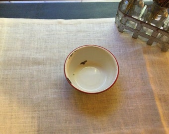 Vintage Small White Enamel Bowl With Red Trim