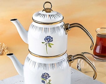 Enamel Teapot Set White, Turkish Teapot Set, Turkish Samovar Tea Maker, Teapot with Infuser