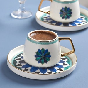 Set of 2 (4pcs), Handmade Porcelain Espresso Cups And Saucers Set, Turkish Coffee Cup Set, Macchiato Cup, Porcelain Espresso Cup Set