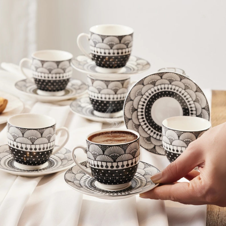 12 Oz Vintage Ceramic Latte Cups With Saucers - Farmhouse Style Coffee Mugs  For Baristas & Home