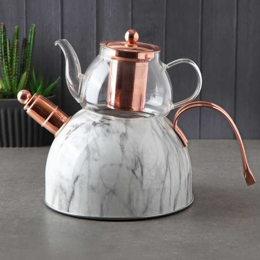 Teapot Set With Gold Marble Pattern, Turkish Teapot Set, Turkish Samovar Tea Maker, Teapot With