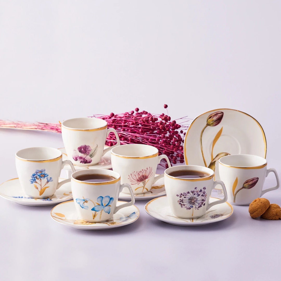 Fine Porcelain Tea Cups and Saucers, Floral Decorated 200cc Mugs, Set