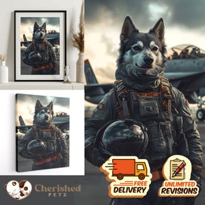 Retrato de mascota personalizado, piloto de combate, póster en lienzo con arte para mascotas, regalo divertido para mascotas, arte personalizado a partir de una foto