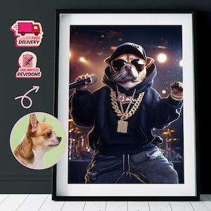 Rapper Pet Portrait From Photo Rap Star Hip Hop Pet Art Personalized Dog Poster Canvas Wall Decor Gift for Pet Lovers