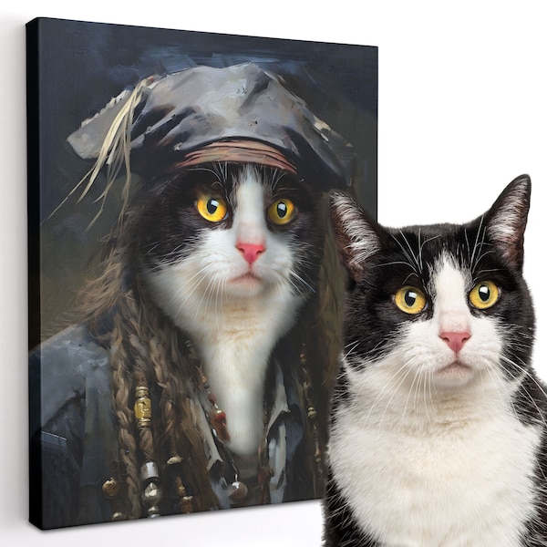 Custom Pet Portrait, Pet Art Canvas Poster Print, Captain Jack of the High Seas Pet Portrait, Funny Pet Gift Custom Art From Photo