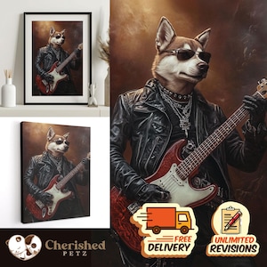 Custom Pet Portrait Rockstar Guitar Player, Pet Art Canvas Poster Print, Funny Pet Gift Custom Art From Photo