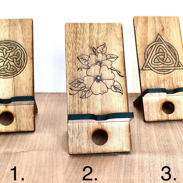 Environmentally friendly wooden phone stands made from 100% recycled laminated wooden flooring. Free Delivery!!