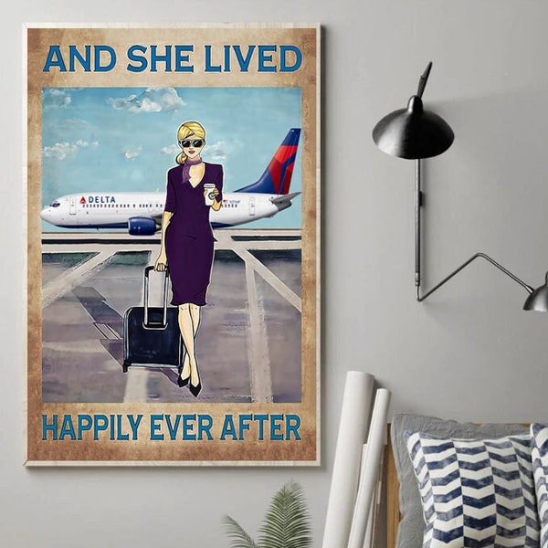 Delta Airlines Personalized Flight Attendant And She Lived Happily Ever After Poster, wall decor, best gift ever, Flight Attendant gift