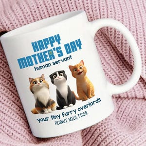 Happy Mother's Day Human Servant Personalized Mug, Cute Cartoon Cats - Gift For Cat Lovers, Cat Mom, Personalized Mug, Mother's Day Gift