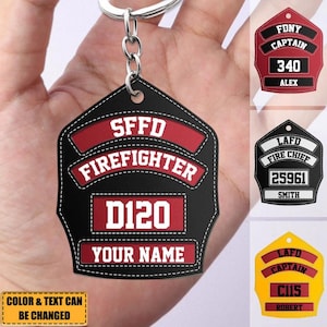 May include: Black and red firefighter helmet keychain with the text "SFFD FIREFIGHTER D120 YOUR NAME".