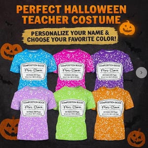 May include: Six t-shirts in blue, pink, purple, light purple, green, and orange, each featuring a white composition book graphic with the text "Mrs. Clara", "100 Sheets 200 Pages", and "9.75 in x 7.5 in / 24.7 cm x 19.0 cm" printed on the front.