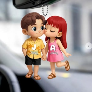 Cute Cartoon Couple Summer Vibe Personalized Acrylic Car Hanger, Gift for him, Gift for her, Custom Acrylic Car Hanger Gift, Summer Couple