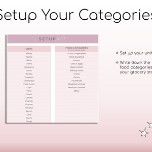 以下が含まれることがあります： 「Setup Your Categories」というタイトルのピンクと白の印刷可能なチャート。チャートは2つの列に分かれており、1つは「Units」とラベル付けされ、もう1つは「Food Categories」とラベル付けされています。「Units」列には、個数、パック、スライス、グラム、キログラム、リットル、ボトル、ティースプーン、大さじ、液量オンス、カップ、パイント、クォート、ガロン、ポンド、オンス、ハンドフル、束、車、茎、クローブなど、さまざまな測定単位がリストされています。「Food Categories」列には、果物と野菜、肉と魚介類、冷凍食品、乳製品と卵、ベーカリーとデリ、焼き菓子、飲み物、パントリー、家庭用品、朝食とシリアル、メキシコ料理とテキサス料理、その他など、さまざまな食品カテゴリがリストされています。