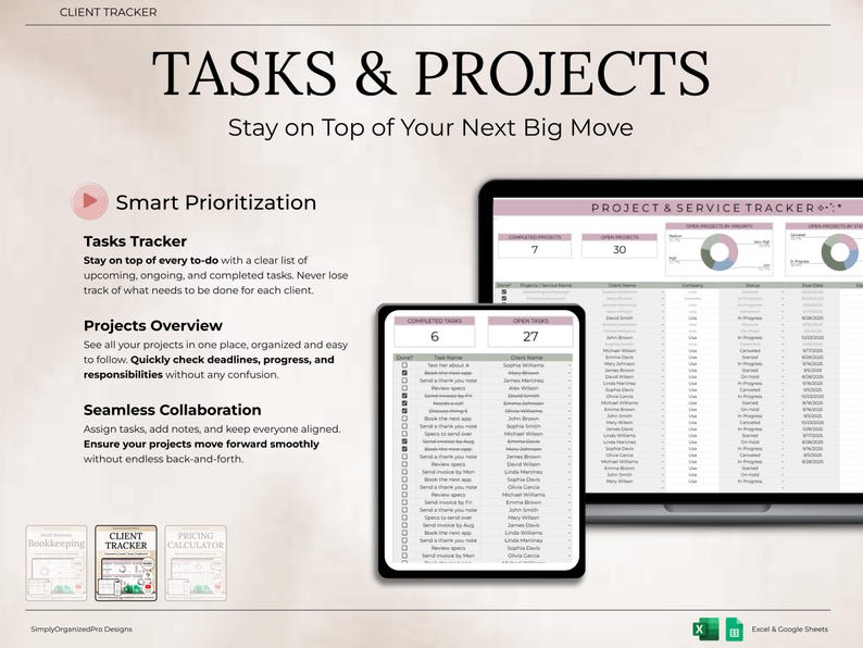 May include: Digital client tracker titled "TASKS & PROJECTS" with the tagline "Stay on Top of Your Next Big Move." The image displays a tablet and laptop showing project management spreadsheets. The tracker includes features for task tracking, project overview, and collaboration.