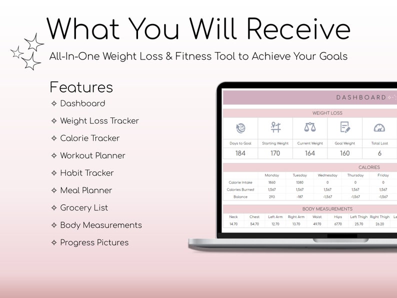 May include: A laptop screen displaying a weight loss and fitness tracker app with a dashboard, weight loss tracker, calorie tracker, workout planner, habit tracker, meal planner, grocery list, body measurements, and progress pictures. The app has a pink and white color scheme.