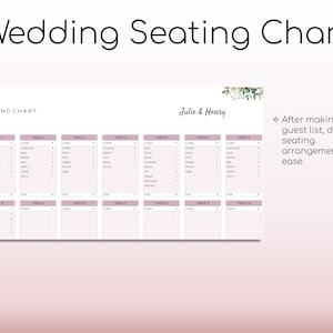 May include: A printable wedding seating chart template with the title "Wedding Seating Chart" and the names "Julie & Henry" at the top. The chart is divided into 12 tables with space to write guest names and table numbers.