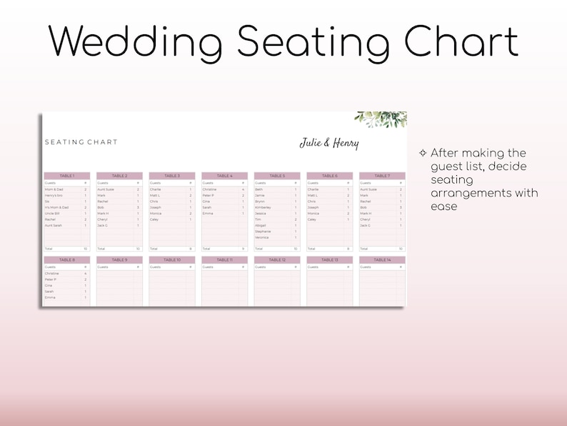 May include: A printable wedding seating chart template with the title "Wedding Seating Chart" and the names "Julie & Henry" at the top. The chart is divided into 12 tables with space to write guest names and table numbers.